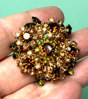 Vintage Made In Austria Layered Rhinestone Brooch Topaz Root Beer Green Glass